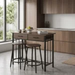 Mesa de cocina con 2 taburetes metal y MDF negro/marrón