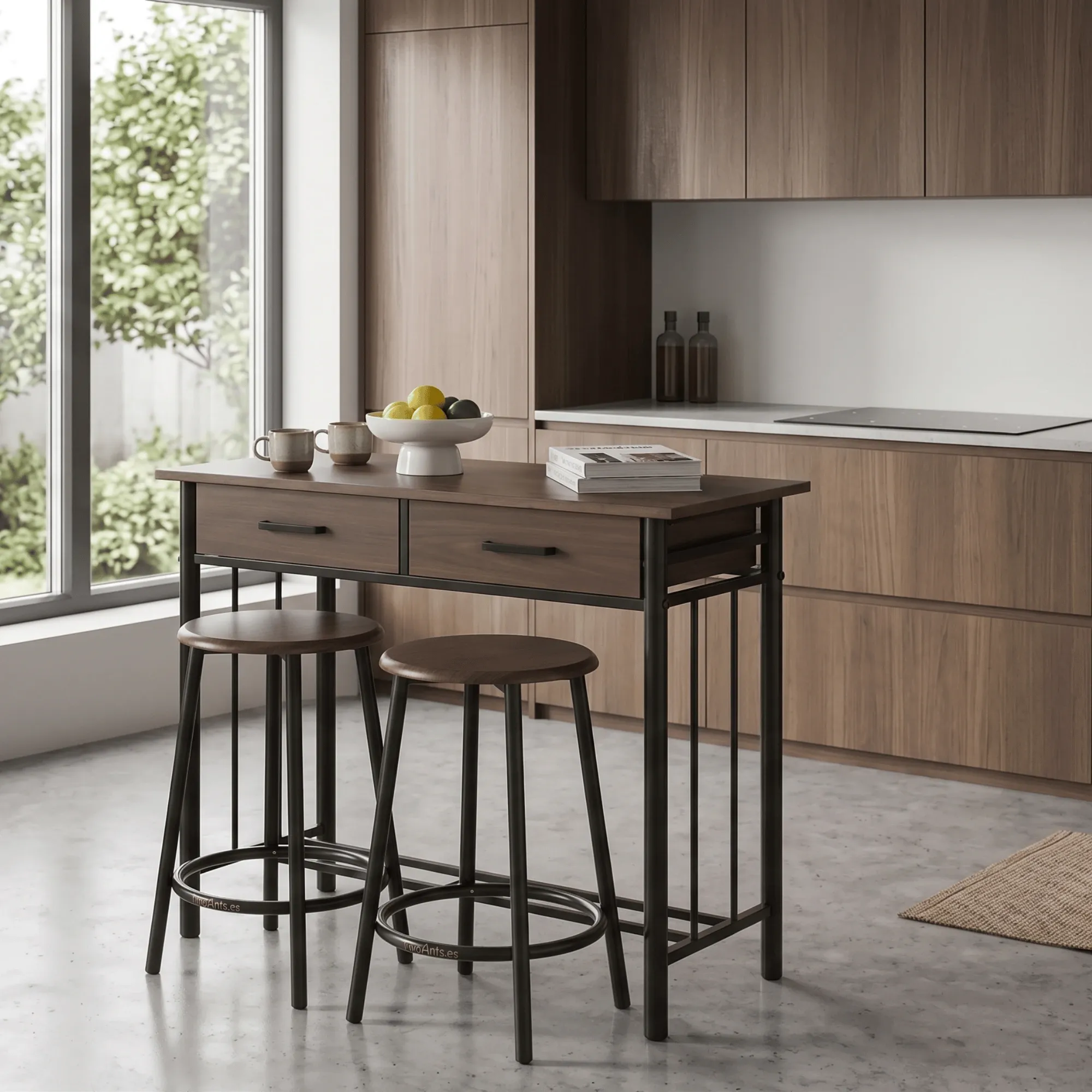 3 Mesa de cocina con 2 taburetes metal y MDF negro/marrón - Imagen 1