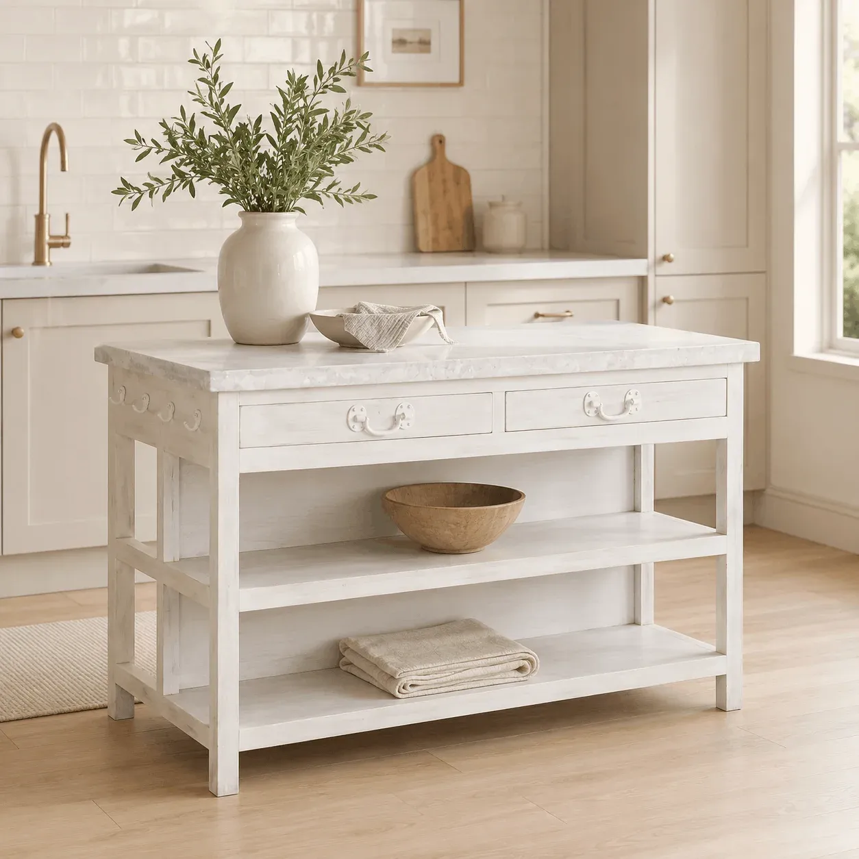 fb40914b-aebb-41b9-ac05-370755232779 Isla de cocina blanca de madera y mármol 147x77x92 cm - Imagen 1